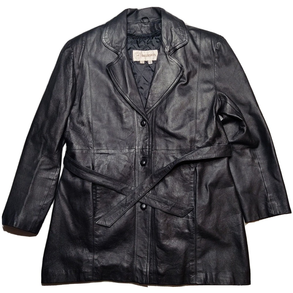 VTG DEERSKIN Women 12 Black‎ Removable Lining Button Up Belted Leather Jacket